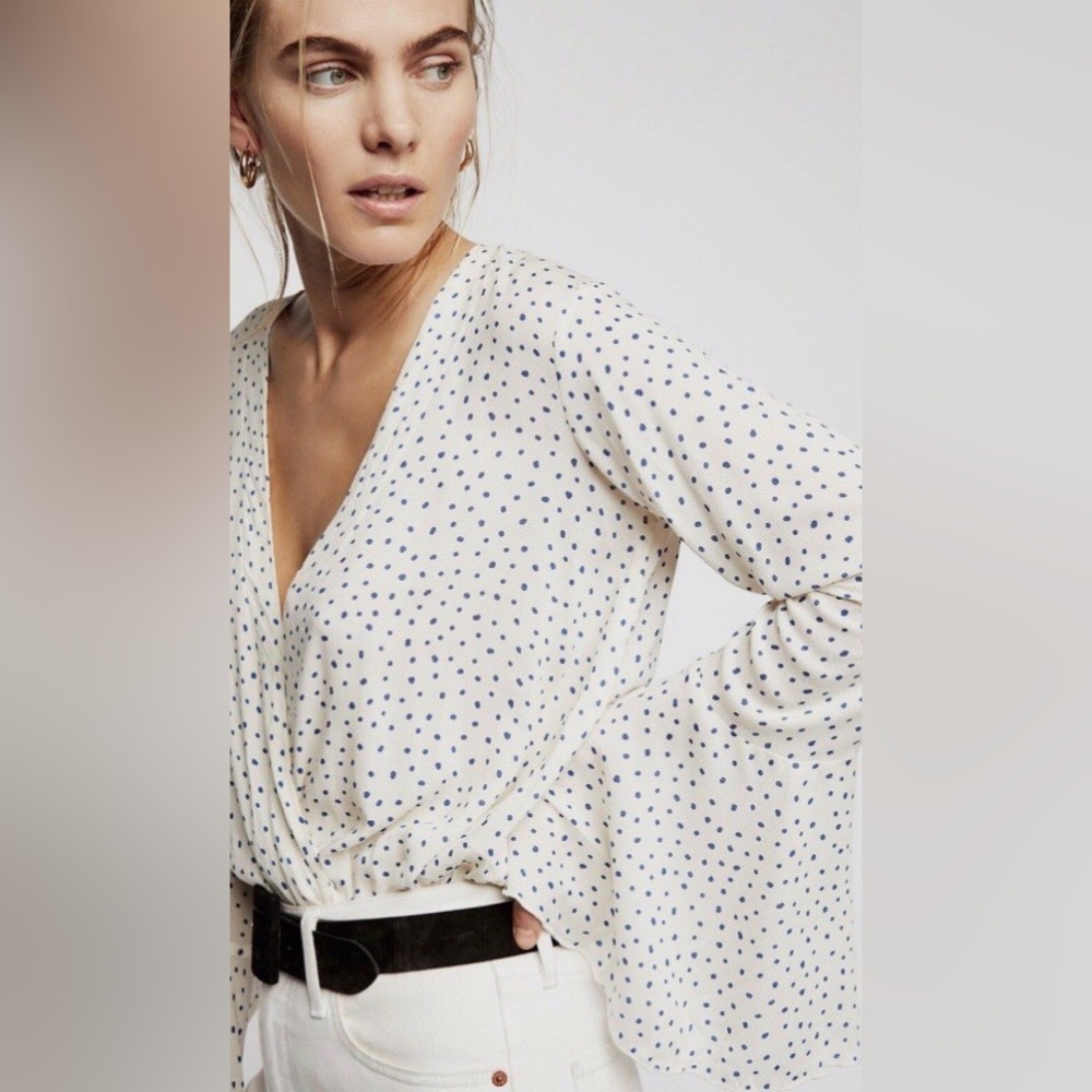Free People Elegant Cream Polka Dot Blouse